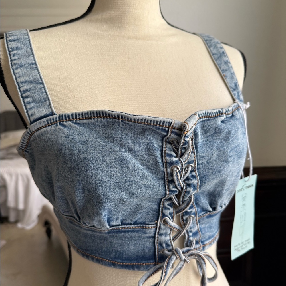 Blue Denim Lace-Up Crop Top